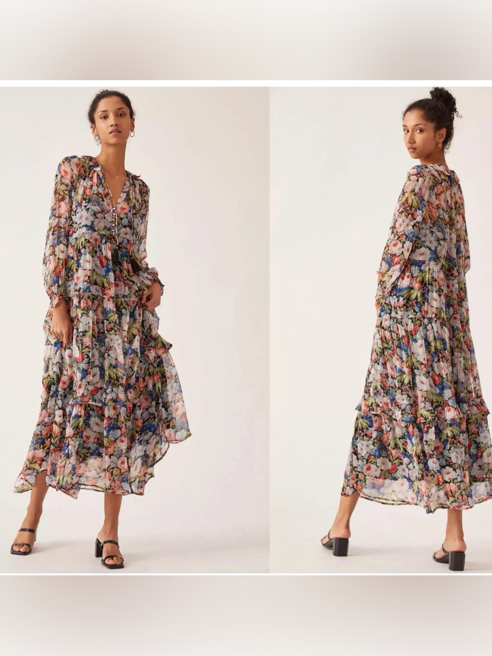 Anthropologie The Marais Floral Printed Chiffon Tiered Maxi Dress Cottagecore M